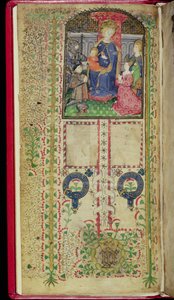 السيدة 41-1950 ، ص. ٢ ظ: صفحة التكريس من كتاب ساعات تخص مارجريت بوشامب ، حوالي ١٤٢٤ بواسطة مدرسة اللغة الإنجليزية