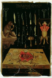 أدوات تشريح الجدول الأول من السيدة هانتر 364 ، من الجداول التشريحية ، بقلم جون بانيستر (1540-1610) (زيت على ورق بني) بواسطة مدرسة اللغة الإنجليزية