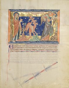 السيدة LA 139-Lisboa fol.31 سانت جون يراقب ملاكًا يساعد المرأة على الهروب من التنين الأحمر ، من نهاية العالم Gulbenkian ، c.1265-70 بواسطة مدرسة اللغة الإنجليزية
