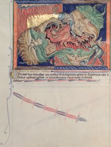 السيدة LA 139-Lisboa fol.71 فكوك الجحيم تبتلع التنين الأحمر ، وحش البحر وحش الأرض ، من نهاية العالم Gulbenkian ، c.1265-70 بواسطة مدرسة اللغة الإنجليزية
