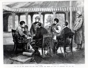 محمد يعقوب خان (1849-1923) توقيع معاهدة السلام في جانداماك في 26 مايو 1879 بواسطة مدرسة اللغة الإنجليزية