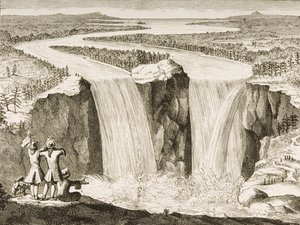 شلالات نياجارا ، بعد رسم رسمه الأب هينيبين عام 1677 ، من "الصور الأمريكية" التي نشرتها جمعية المسالك الدينية ، 1876 بواسطة مدرسة اللغة الإنجليزية