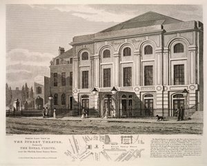 منظر شمالي شرقي لمسرح سوري ، سابقًا السيرك الملكي بالقرب من المسلة ، شارع سوري العظيم ، 1814 بواسطة مدرسة اللغة الإنجليزية