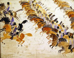 الضباط على ظهور الخيل يركضون حوالي عام 1840 (ألوان مائية على ورق) بواسطة مدرسة اللغة الإنجليزية