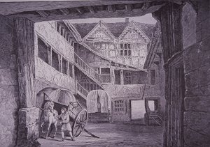 Ostler attending horse in courtyard of the New Inn, Gloucester (wood engraving) بواسطة مدرسة اللغة الإنجليزية
