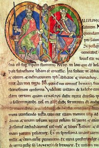 صفحة من ميثاق دير كيلسو مع بداية مضيئة تصور الملك ديفيد الأول (1084-1153) وحفيده مالكولم الرابع (1141-65) 1159 (ورق) بواسطة مدرسة اللغة الإنجليزية