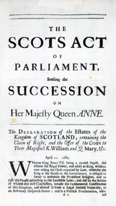كتيب يعلن "قانون البرلمان الاسكتلندي ، تسوية خلافة جلالة الملكة آن" في 11 أبريل 1689 بواسطة مدرسة اللغة الإنجليزية