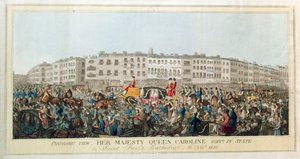 منظر بانورامي. جلالة الملكة كارولين تذهب في الولاية إلى كاتدرائية سانت بولس ، 20 نوفمبر 1820 ، حانة. 1821 (aquatint على الورق) بواسطة مدرسة اللغة الإنجليزية