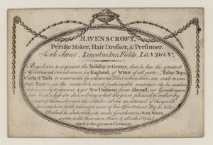 صانع Peruke ، Ravenscroft ، بطاقة تجارية بواسطة مدرسة اللغة الإنجليزية