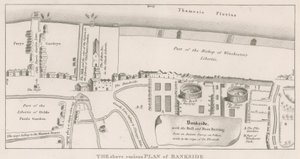 مخطط Bankside على نهر التايمز استنادًا إلى مسح قديم تم إجراؤه في عهد الملكة إليزابيث ، يظهر الثور والدب بيت بواسطة مدرسة اللغة الإنجليزية
