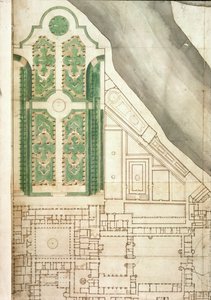 مخطط هامبتون كورت وحدائقها ، 1717 ج. (قلم وحبر ومرحاض على ورق) بواسطة مدرسة اللغة الإنجليزية