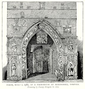 شرفة، بُنيت حوالي عام 1587، لمنزل مزرعة في أرمينغهول، نورفولك (نقش) بواسطة مدرسة اللغة الإنجليزية