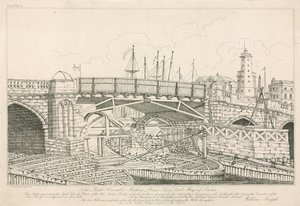 جزء من جسر لندن القديم ، تم رسمه عام 1826 أثناء أعمال البناء بواسطة مدرسة اللغة الإنجليزية