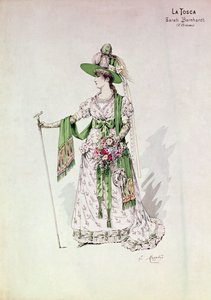 صورة لسارة برنهارد (1844-1923) في إنتاج "لا توسكا" بواسطة فيكتورين ساردو (1831-1908) في صالة حفلات ، 9 يوليو 1888 (نقش ملون) بواسطة مدرسة اللغة الإنجليزية