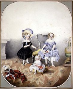 صورة لثلاث فتيات أزرق العينين يرتدين ملابس تنكرية ، حوالي 1840 (ألوان مائية على ورق) بواسطة مدرسة اللغة الإنجليزية