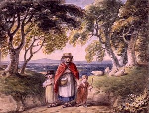 صورة لامرأة وطفلين في منظر طبيعي في الغابة ، حوالي عام 1820 (ألوان مائية على ورق) بواسطة مدرسة اللغة الإنجليزية