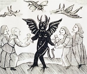 تقديم الأطفال إلى الشيطان ، نسخة من رسم توضيحي من ساحرة الغابة مستخدم في مجموعة من الكتب المصغرة عن الباطنية بواسطة مدرسة اللغة الإنجليزية
