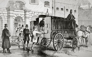 سجناء يستقلون سيارة شرطة تُعرف باسم "ماريا السوداء" في سبعينيات القرن التاسع عشر (نقش) بواسطة مدرسة اللغة الإنجليزية