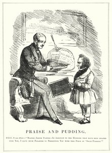 Punch cartoon: Praise and Pudding: Prince Albert rewarding Joseph Paxton for designing the Crystal Palace to house the successful Great Exhibition of 1851 in Hyde Park, London (engraving) بواسطة مدرسة اللغة الإنجليزية