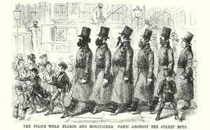 Punch cartoon: The Police Wear Beards and Moustaches. Panic amongst the Street Boys (engraving) بواسطة مدرسة اللغة الإنجليزية