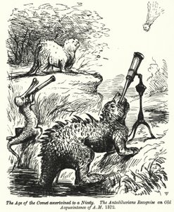 Punch cartoon: dinosaurs watching a comet (engraving) بواسطة مدرسة اللغة الإنجليزية