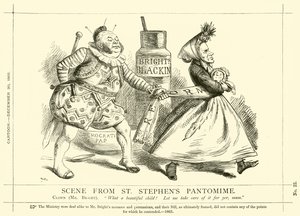 كارتون لكمة بخصوص جون برايت: مشهد من بانتوميم سانت ستيفن ، 30 ديسمبر 1865 (نقش) بواسطة مدرسة اللغة الإنجليزية