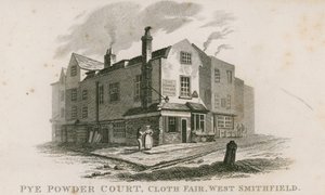 Pye Powder Court ، معرض القماش ، West Smithfield ، الذي عقد في Sign of the the and Shears public house بواسطة مدرسة اللغة الإنجليزية