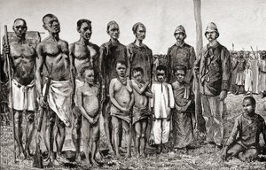 الأقزام الأصليون مقارنة مع الضباط الإنجليز والسودانيين والزنجباريين ، 1890 (نقش الخشب) بواسطة مدرسة اللغة الإنجليزية