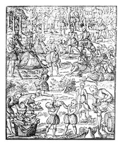 الملكة إليزابيث الأولى (1533-1603) في نزهة مطاردة ، لوحة من "نوبل آرت فينيري والصيد" لجورج توربيرفيل ، 1575 بواسطة مدرسة اللغة الإنجليزية