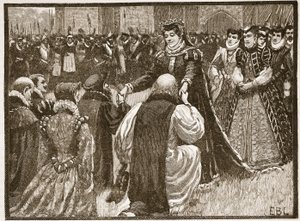 الملكة ماري وسجناء الدولة في البرج ، رسم توضيحي من Cassells Illustrated History of England (sepia photo) بواسطة مدرسة اللغة الإنجليزية