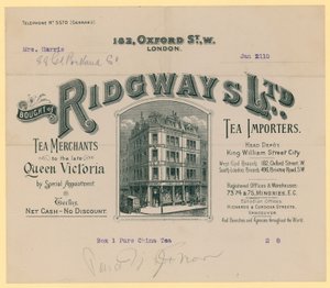 الإيصال من Ridgways ، مستوردي الشاي ، 182 شارع أكسفورد ، لندن بواسطة مدرسة اللغة الإنجليزية