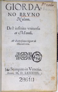 Res 28610 صفحة عنوان De lInfinito Universo et Mondi بقلم Giordano Bruno ، نُشرت في لندن ، 1584 (ورقة مطبوعة) بواسطة مدرسة اللغة الإنجليزية