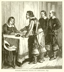 ريتشارد كرومويل يوقع تنازله ، 1659 بواسطة مدرسة اللغة الإنجليزية