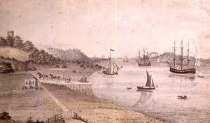 منظر طبيعي للنهر مع الشحن ودوفر كوتش ، حوالي 1800 (قلم وغسيل) (زوج من 72977) بواسطة مدرسة اللغة الإنجليزية