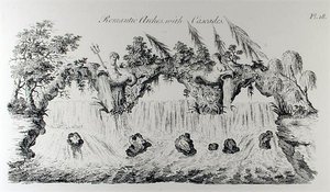 أقواس رومانسية مع شلالات ، من 'Grotesque Architecture أو Rural Amusement' ، بقلم ويليام رايت ، نُشرت حوالي 1767-90 (نقش) (صورة بالأبيض والأسود) بواسطة مدرسة اللغة الإنجليزية