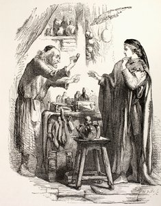 يشتري روميو سمًا من الصيدلة ، رسم توضيحي من روميو وجولييت ، من `` The Libraryated Library Shakespeare &39;&39; ، منشور في لندن 1890 (ليثو) بواسطة مدرسة اللغة الإنجليزية