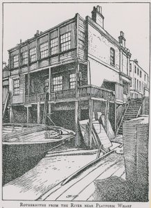 Rotherhithe من نهر التايمز بالقرب من Platform Wharf ؛ الملاك بواسطة مدرسة اللغة الإنجليزية