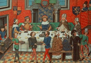 Roy 14 E IV f.244v Duke of Lancaster العشاء مع ملك البرتغال ، من المجلد. III "من تتويج ريتشارد الثاني حتى عام 1387" ، بقلم جان دي باتارد وافرين بواسطة مدرسة اللغة الإنجليزية