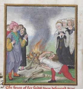 روي 18 دي الثاني ص 161 ثيسيوس حرق جثث الأثينيين الذين قتلوا على يد الملك كريون من طيبة ، من كتاب تروي وقصة طيبة بقلم جون ليدجيت (1370 - 1451) 1412 - 22 (ورق) بواسطة مدرسة اللغة الإنجليزية