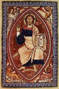 Roy 2 A XXII f.14 المسيح في الجلالة مع رموز الإنجيليين ، من سفر مزامير وستمنستر ، حوالي 1250 (ورق) بواسطة مدرسة اللغة الإنجليزية