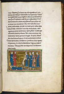 Royal 12 F.XIII، f.33 الكلب يتعرف على القاتل.  من بستاري (صص. ٣-١٤١) ، لابيداري (صص. ١٤١ ظ - ١٤٩)  ، الربع الثاني من القرن الثالث عشر (ورق) بواسطة مدرسة اللغة الإنجليزية