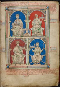 Royal 14 C. VII، f.9 أربعة ملوك إنجلترا: هنري الثاني ، ريتشارد الأول ، جون وهنري الثالث مع وستمنستر أبي ، من "هيستوريا أنجلوروم" بواسطة مدرسة اللغة الإنجليزية