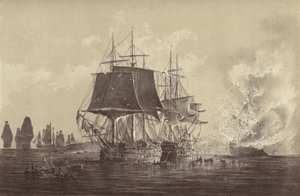 دمرت السفينة الروسية Vsevolod في وجود الأسطول الروسي بعد العمل مع HMS Implacable ، الملحق بالبحرية السويدية وبقيادة الكابتن Thomas Byam Martin ، في بحر البلطيق ، 26 أغسطس 1808 (litho) بواسطة مدرسة اللغة الإنجليزية
