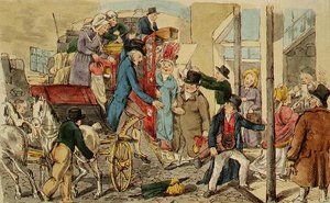 مشهد في ساحة نزل ، وصول مدرب ، حوالي عام 1820 (قلم حبر وألوان مائية على ورق) بواسطة مدرسة اللغة الإنجليزية