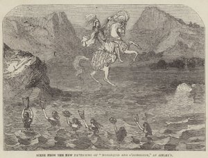 مشهد من التمثيل الإيمائي الجديد لـ "Harlequin and O'Donoghue" في Astley's (نقش) بواسطة مدرسة اللغة الإنجليزية