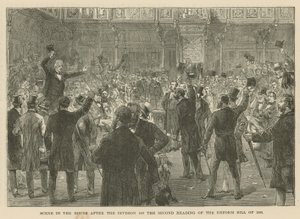 مشهد في مجلس العموم بعد الانقسام في القراءة الثانية لمشروع قانون الإصلاح لعام 1866 بواسطة مدرسة اللغة الإنجليزية