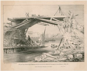 رسم تخطيطي لجسر لندن القديم أثناء هدمه عام 1831 ، 1832 بواسطة مدرسة اللغة الإنجليزية