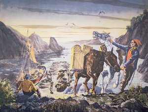 Smugglers loading contraband on their ponies for the journey inland (litho) بواسطة مدرسة اللغة الإنجليزية