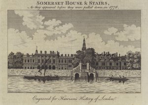 سومرست هاوس وسلالم ، لندن ، كما ظهروا قبل هدمهم في عام 1776 بواسطة مدرسة اللغة الإنجليزية