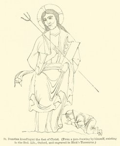 القديس دونستان راكعًا عند قدمي المسيح ، من رسم بالقلم بنفسه ، موجود في بود ليب ، أكسفورد ، ومحفور في قاموس هيك (نقش) بواسطة مدرسة اللغة الإنجليزية